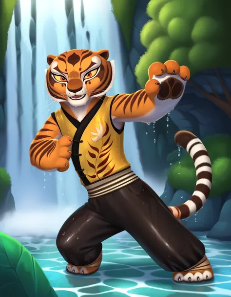 rating_safe, score_9, score_8_up, score_7_up, score_6_up, source_furry, solo, 1girl, female, master tigress from kung fu panda showering under a waterfall, kung fu panda style, wet, furry, detailed fur, in water, detailed waterfall background, rock, cartoo...