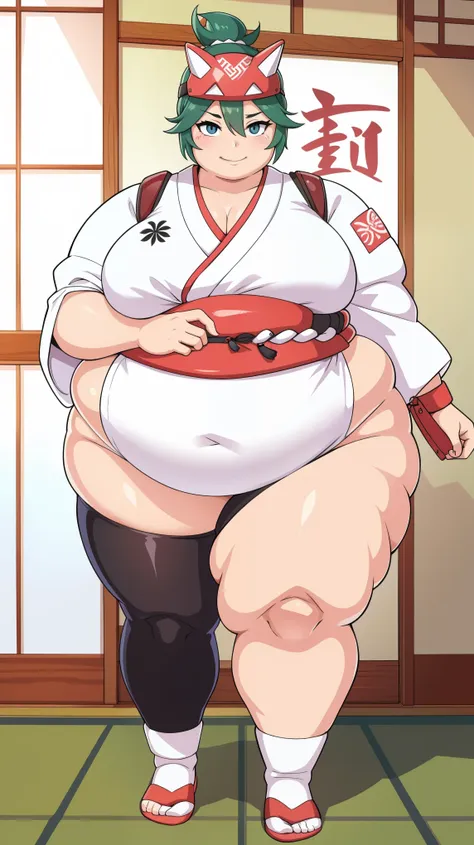 (obese:1.1)japanese style white talisman, bedroom, accessories, wristlet, bandage ,smirk, looking at viewer,, full body