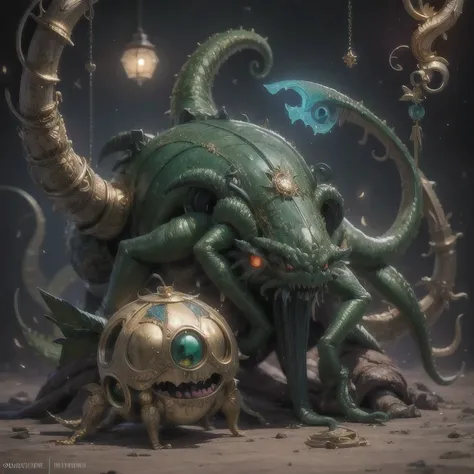 Cthulhu,a close up of a golden spider with a royal green emerald body and legs, steampunk spider, Mechanical spider red and cobalt blue legs, spider, Loers, spider, spider, Steampunk Scorpion, Very detailed barlowe 8k, Bright orange and blue legs, sculptur...