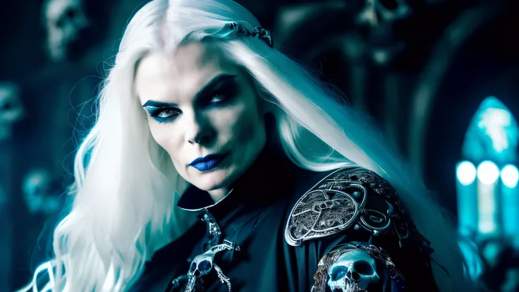 A woman with white hair and blue eyes is surrounded by skulls, Dark Fantasy detailed, Dark epic fantasy, epic Dark Fantasy, Dark Fantasy style, Dark Fantasy sci fi, medieval Dark Fantasy, Dark Fantasy light, Dark Fantasy. Wheels within wheels, Epic true fa...