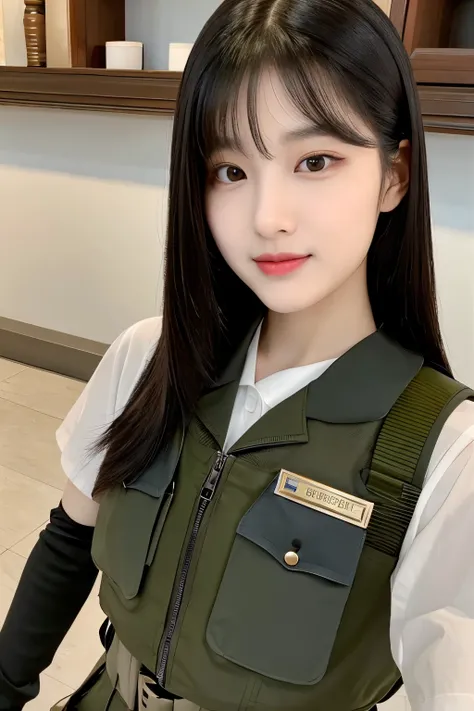 22 years Old young South Korean woman, military shirt and skirt and black gloves, beauty face, Cute face, thin, long sleek Straight hair style, lipstick, sit at home, with bulletproof vest, with military helmet and mask, with rifle M4A1