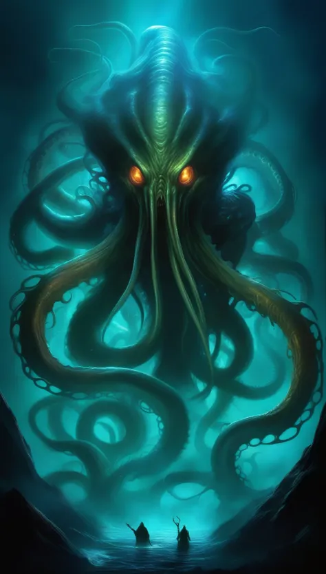 a terrifying and eldritch monster, a massive creature with tentacles, a nightmarish being from the deep, dark depths, otherworld...