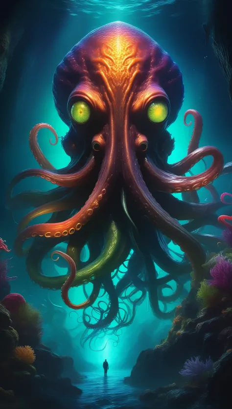 Masterpiece, ultra-detailed, 8k, photorealistic, studio lighting, physically-based rendering, cthulhu, eldritch horror, dark fantasy, creature design, tentacles, glowing eyes, dark atmosphere, moody lighting, cinematic composition, dramatic angles, dark co...