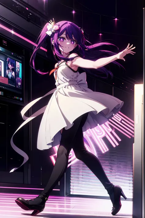 aihoshino, Ai Hoshino, Long Hair, bangs, (Purple eyes:1.1), Purple Hair, (Symbol-shaped pupil:1.5), 
happy smile, smile, Open your mouth,one side up, hair ornaments, Hair Ribbon, Sleeveless dress,black skinny pants,Stiletto heels,walking,whole bodyがイラストに入る...