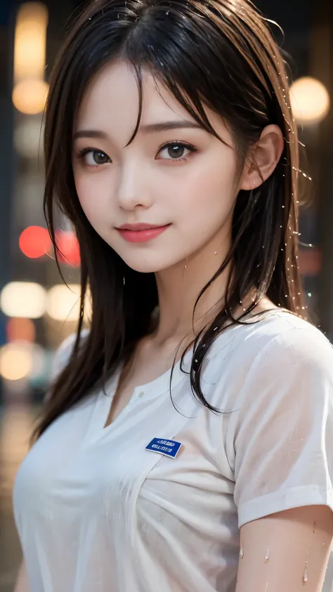 ((Night in the city、highest quality、Masterpiece、High resolution))、(((Zoom photo of upper body、Wet body、Wet Hair)))、(A shy smile:1.2)、One 15-year-old female、Beautiful Skin、Beautiful Eyes、Large Breasts、Nurse uniform、Black Hair、short hair、Wavy Hair、Trimmed ba...