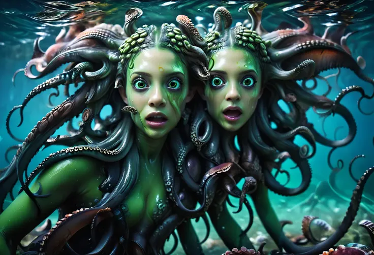 beautiful woman/cthulhu hybrid, (long flowing tentacle hair instead of hair: 1.5), delicate facial features, sharp eyes, thick l...