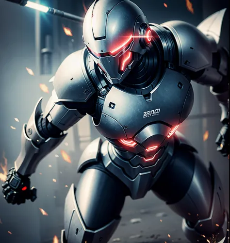 Round armor, robot, cyber, high quality, black iron body, red eyes, battlefield in the background,