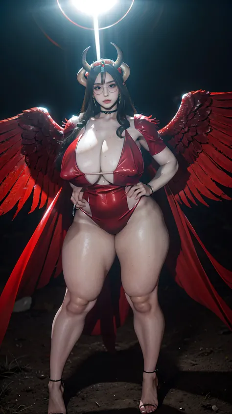 sunglasses, 1 girl with jesus, long red frock coverd breast, coverd chests,big feather wings, black realistic opened wings, angel, halo, demon red horns, standing on the garden, wide hips,choker, midget, super villain, stand, look at the viewer, detailed d...