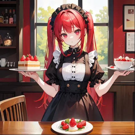 Promotional photo, the place is a coffee shop, 1 girl, 16-year-old face, waitress carrying cake to the table, red-haired twin tails, gentle face, half costume of gothic lolita and maid costume with the image of strawberries, clothes based on white,