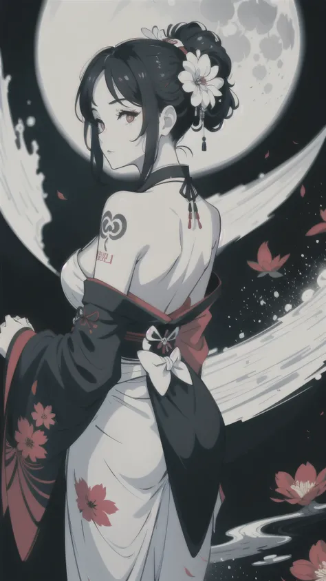 (masterpiece:1,2), best quality, masterpiece, highres, original, extremely detailed wallpaper, perfect lighting,geisha, kimono,Bare shoulder,back,Turn back,tattoo,(((Black and white))),Extreme detail,solo,Cold eyes,look up,Glowing eyes,byobu,moon,Black hai...