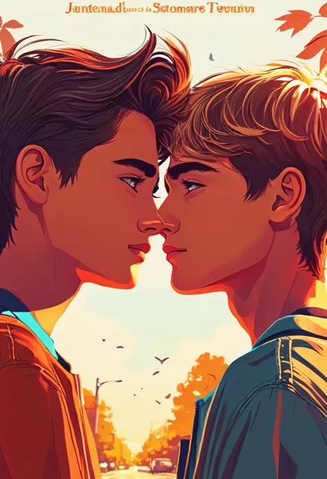 A warm-colored Wattpad book cover about two teenage boys looking into each other&#39;s eyes, ambos con cabello negro, one longer than the other, que la portada contenga girasoles.  Que se vea en una calidad de dibujo