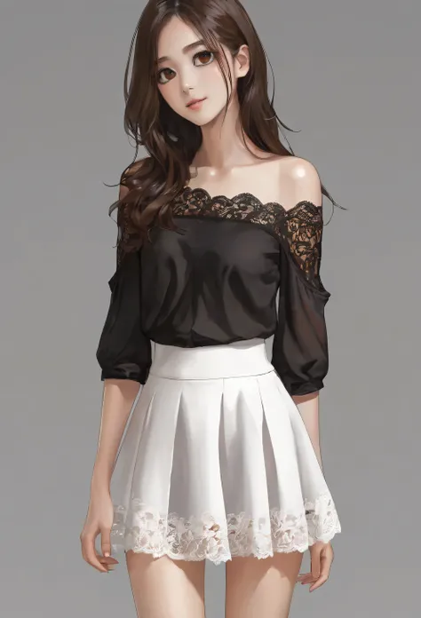 a woman with brown eyes, loose hair on the side, long hair, black lace blouse, with exposed shoulders, short white flared skirt, full frontal angle, brown high heel sandals, fair skin, standing, casual, full body image, detailed toenails, frontal, looking ...