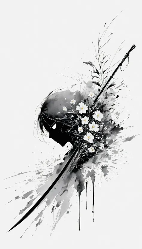 (Anime line drawing:1.5)，(Black and White:1.45)，Minimalism，(Line Art:1.6)，sketch，charcoal drawing，Black Reaper，flower，Ominous Red，Blood splatter