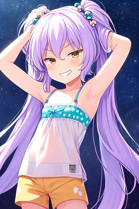 himejimakinoko, solo, 1girl, light purple hair, twintails, hair bobbles, polka dot, very long hair, yellow eyes, white shirt, striped shorts, flat chest, high quality, solo, night sky, beach, arms behind head, contrapposto, closed mouth, spread armpits, (c...