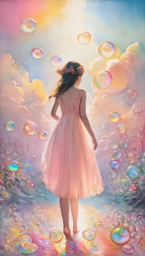 best quality, super fine, 16k, incredibly absurdres, extremely detailed, 2.5D, beautiful goddess, fairies and children walking on a carpet of iridescent soap bubbles, pastel-colored clouds, sunshine, pop art, delicate and dynamic effects that combine the t...