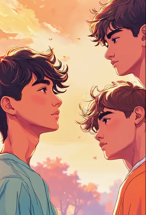 a warm-colored wattpad book cover about two teenage boys looking into each other&#39;s eyes, ambos con cabello negro, one longer...