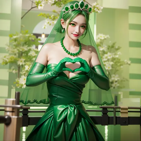 Emerald tiara, Green Pearl Necklace, Boyish very short green hair, Green Lips, Smiling Japanese woman, Very short hair, Busty beautiful lady, Green Eyes, Green satin long gloves, Green Eyes, Emerald Earrings, Green veil, Heart with both hands, Green Hair, ...