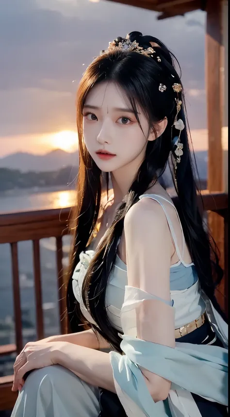  night, Deep blue sky, Purple, 淡Purple连衣裙, Long skirt at chest, long black hair, long hair and waist, Beautiful girl, God, god, White headdress, Sitting on the railing, hair, side fringe, scarf, hair ornament, Forehead Gem, Baolai Jewelry Branch, crescent ...