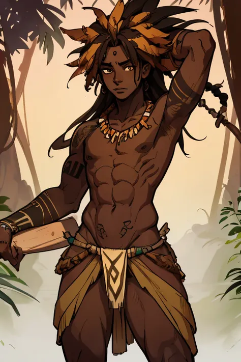 Athletic African femboy, handsome male, his eyes hazel colored, dark_skin, brown_body, tattoos all over; tribal, loincloth, zulu tribesman, messy long hair, jungle hunter, vivid colors