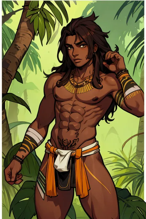 Athletic African femboy, handsome male, his eyes hazel colored, dark_skin, brown_body, tattoos all over; tribal, loincloth, zulu tribesman, messy long hair, jungle hunter, vivid colors