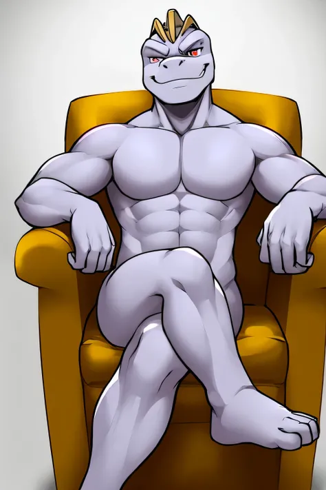 adult male, machoke, solo, sitting in an armchair with crossed legs, nude, smirk, smug,