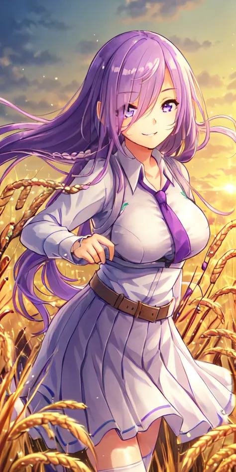 (the best shade) ,nature, harvest ,(((wheat field))), very polite --v6, skirt、purple eyes、tie、chest、purple hair、arms、very long h...