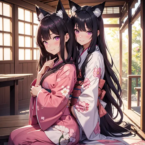 long hair, looking at viewer, blush, smile, bangs, multiple girls, black hair, long sleeves, 2girls, animal ears, sitting, closed mouth, purple eyes, sidelocks, japanese clothes, indoors, wide sleeves, pink eyes, kimono, animal ear fluff, sash, fox ears, o...