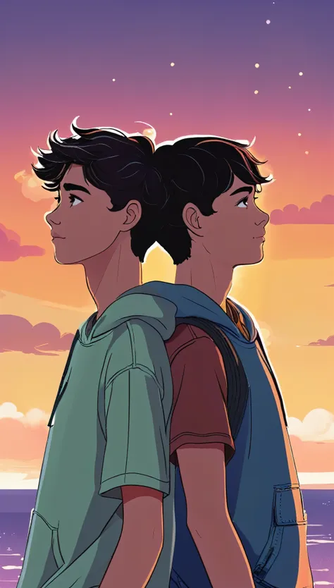 A warm-colored Wattpad book cover about 2 teenage boys looking into each other&#39;s eyes, ambos con cabello negro, one longer than the other, que la portada contenga girasoles. 