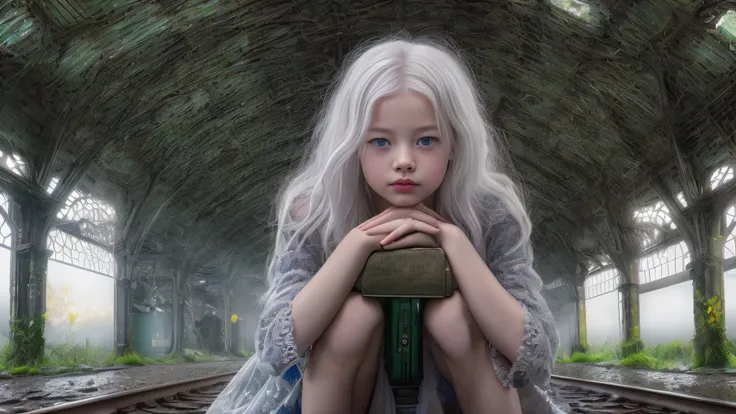 (mackenzie foy white hair teen girl,13 years old with spread legs:1.5), (long, messy hair:1.3), blue eyes, detailed eyes, detail...