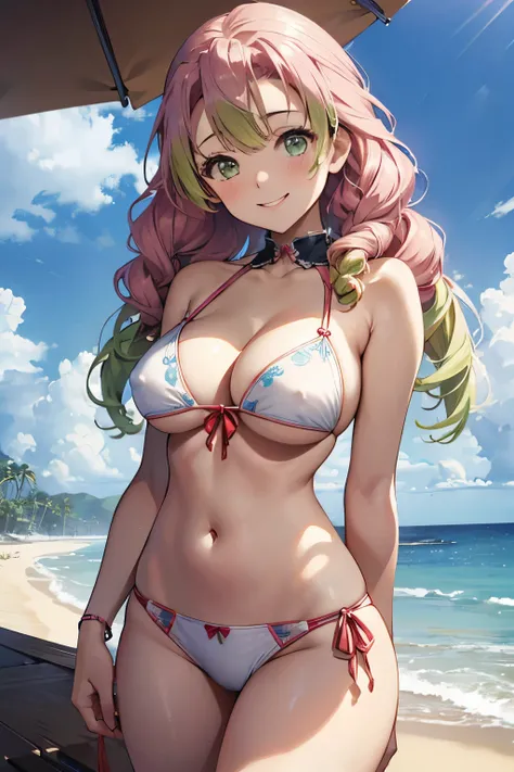 (8K、masterpiece、Highly detailed background、high resolution)、(mitsuri kanroji)、Cleavage、(beach、White Bikini、Gravure pose、Embarrassed smile、Nipple protrusion)