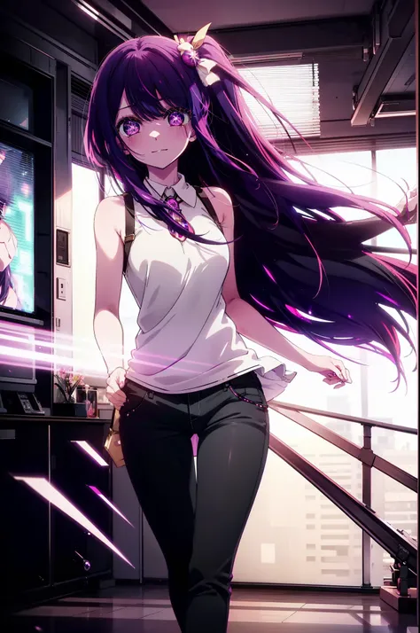 aihoshino, Ai Hoshino, Long Hair, bangs, (Purple eyes:1.1), Purple Hair, (Symbol-shaped pupil:1.5), 
happy smile, smile, Open your mouth,one side up, hair ornaments, Hair Ribbon, Sleeveless dress,black skinny pants,Stiletto heels,walking,whole bodyがイラストに入る...