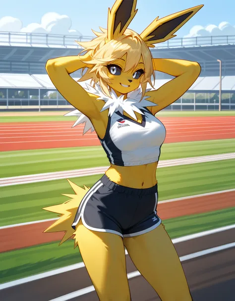 score_9,score_8_up,score_7_up, anthro furry female jolteon pokemon, black sclera, white eyes, wearing white athletic top and shorts, casual pose, tall and slender, outdoors on a track and field track, sunny day, smiling, hands behind her head, standing, bi...