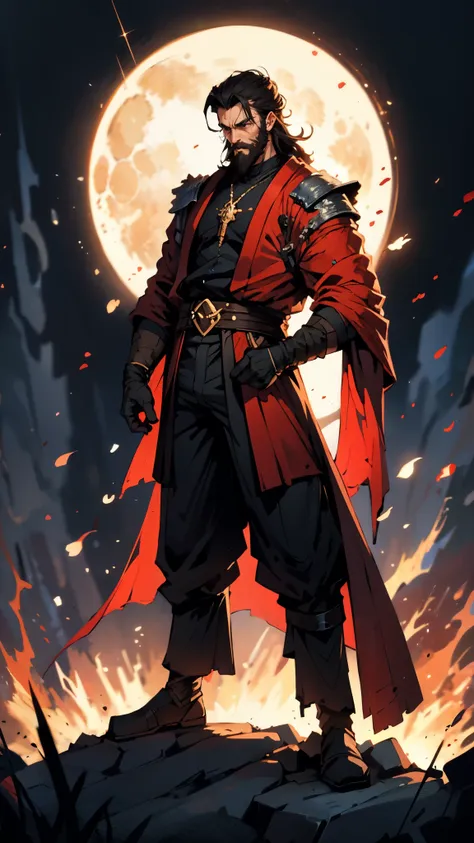 A 50-year-old man with slicked-back reddish-brown short hair, a large beard covering the lower half of his face, piercing eyes, handsome features, an open dark red fantasy martial arts-style robe coat, flowing short sleeves, a black and white undershirt, m...