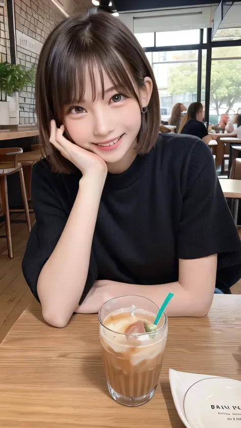 closeup shot , Best picture quality (8K, high resolution, Masterpiece: 1.2), super detailed,  215 Short Hair, 16-year-old woman, 

situation: A scene of a high school girl having tea with friends at a cafe after school。
clothing: 、Loafers underfoot。Hair do...