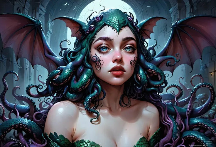 Beautiful woman、Surreal、Very detailed、extremely realistic、Realistic as a photo、One girl、Beautifully detailed eyes、Beautifully detailed lips、Highly detailed faces and features、Long eyelashes、Bat-like wings、(skin covered with scales,:1.9)、(Tentacles growing ...