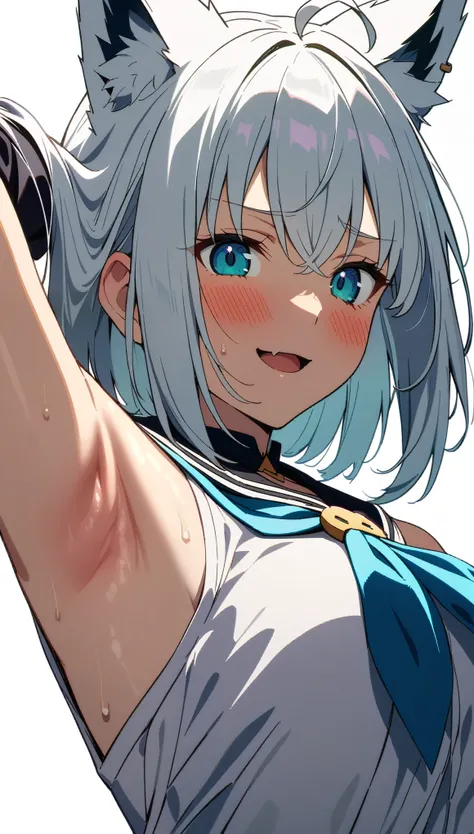 (masterpiece:1.2), hyper detail, best quality, (intricate_details:1.1), beautiful detailed, beautiful hair, solo, 1girl,ANIME COLORING,FUBUKI_BASE, WHITE BLOUSE, DETACHED SLEEVES,BLUE NECKERCHIEF,WHITE HAIR, SINGLE SIDE BRAID, AHOGE, PIERCING,fox ears, FOX...