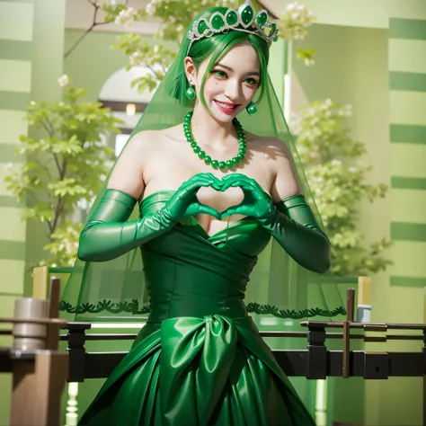 Emerald tiara, Green Pearl Necklace, Boyish very short green hair, Green Lips, Smiling Japanese woman, Very short hair, Busty beautiful lady, Green Eyes, Green satin long gloves, Green Eyes, Emerald Earrings, Green veil, Heart with both hands, Green Hair, ...