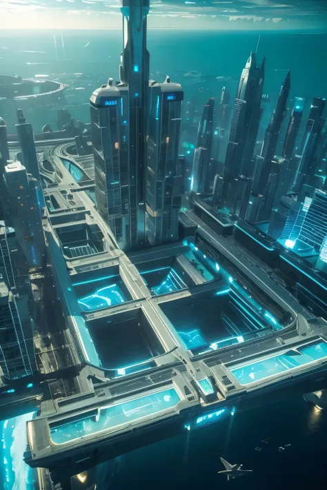 undersea city，sci-fi future，the lost city of atlantis，drone view