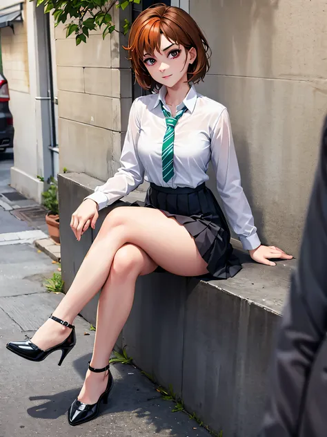 merula, full body, black mini skirt, pleated skirt, sitting, school, green striped necktie, crossed legs, thighs, high heels, bl...