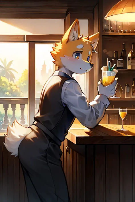 Big watery eyes,Warm island atmosphere,More soft details and shadows Corgi waiter:1.1),A large glass of iced lemonade,inside the Spanish Bar. Spanish Bar，There is a wooden counter on the left, There&#39;There&#39;s an open door at the back., And the scener...