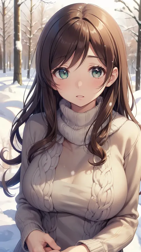 nozomitoujou, nozomi toujou, green eyes, brown hair, curly hair, large breasts, masterpiece, best quality, high resolution, beautiful detailed eyes, extremely detailed face, good lighting, detailed CG, messy hair, glossy lips, worried, snowy forest, knit s...