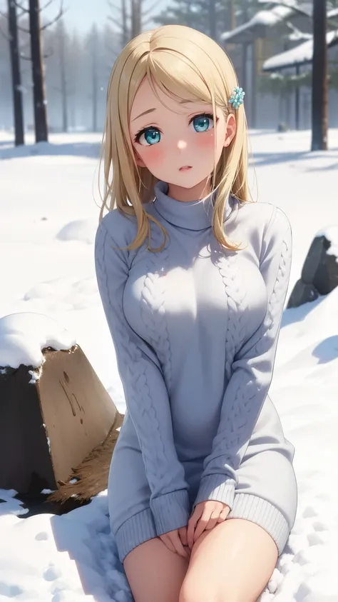 masterpiece, best quality, highly detailed, ultra high res, ayase arisa, 1girl, solo, hair ornament, long blonde hair, glossy lips, medium breasts, aqua eyes, snowy forest, knit sweater dress, (buried in snow)