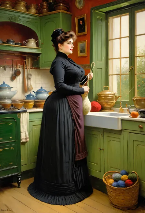 Full body shot of a curvaceous, voluptuous, buxom Victorian widow standing in her kitchen knitting, by Jean Béraud, inspired by Jean Béraud, inspired by Édouard Detaille, edouard leon cortes, inspired by Ivan Kramskoi, inspired by Jean-Louis-Ernest Meisson...