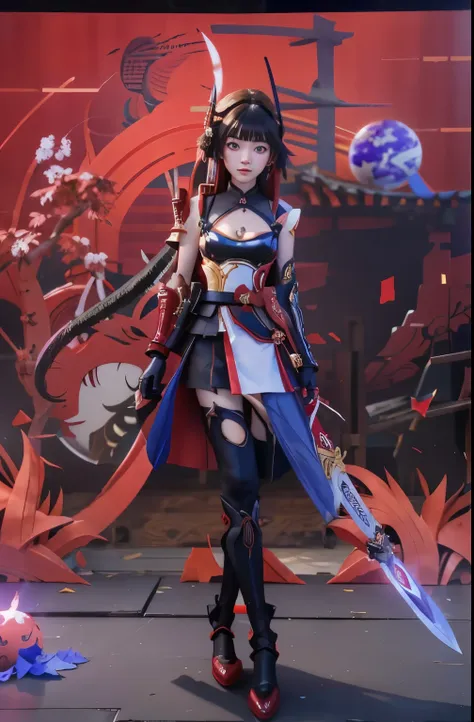 anime girl with sword and armor standing in front of a red background, onmyoji detailed art, ayaka genshin impact, onmyoji, ayak...