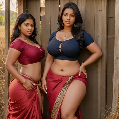 3girls, realistic photograph of three young rustic Tamil village belle dressed in an ((unhooked blouse and Indian skirt)) standing inside a farm in rural India,  curvy and toned body, tall, big , hourglass figure, big ass, seductive, detailed cute face, fu...