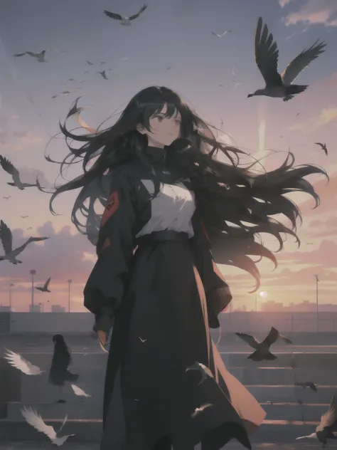 A girl with long black hair，Standing alone in a huge square，The wind blows her long hair noisily，Next to her is a flock of pigeons flying in the wind，Sunset