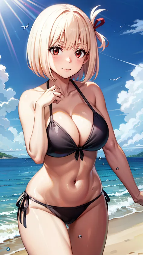 Anime girl in bikini swimming in the sea, swimming in the sea, Black Bikini, in beach, In the sun-drenched sea, Sunlight is reflecting、light reflections、realistic bikini, at sea, Water droplets、Swimsuit, Rin, Cute Bikini, in bikini, swim wears, in beach, m...