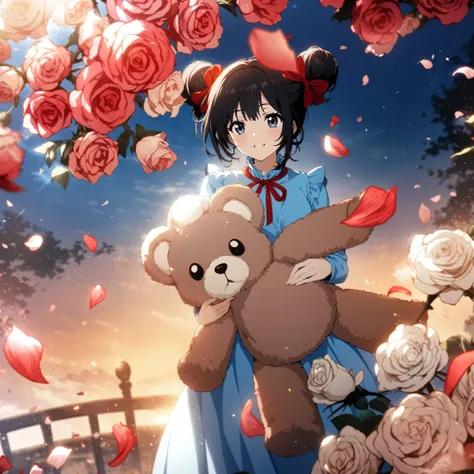 1girl、Holding a teddy bear, petals, roses, black hair, hair in a bun, blue clothes, red ribbon、extremely detailed CG、ultra-detailed