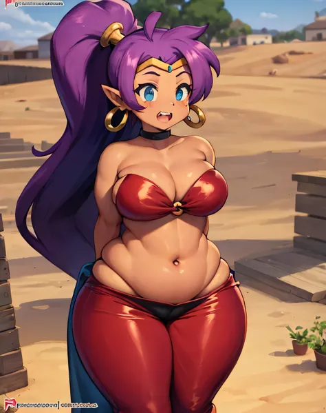 shantae, tiara, gargantilha, brincos de argola, bandeau o-ring, clamps, red latex pants, seios grandes, sorriso, dentes, muito g...