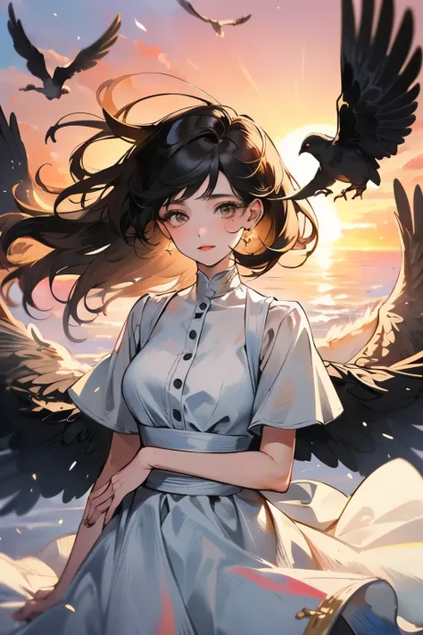 ((best quality)), ((masterpiece)), (detailed), A girl with long black hair wearing a white dress，Standing alone in a huge square，The wind blows her long hair noisily，Next to her is a flock of pigeons flying in the wind，Sunset，The sunlight shining on her an...